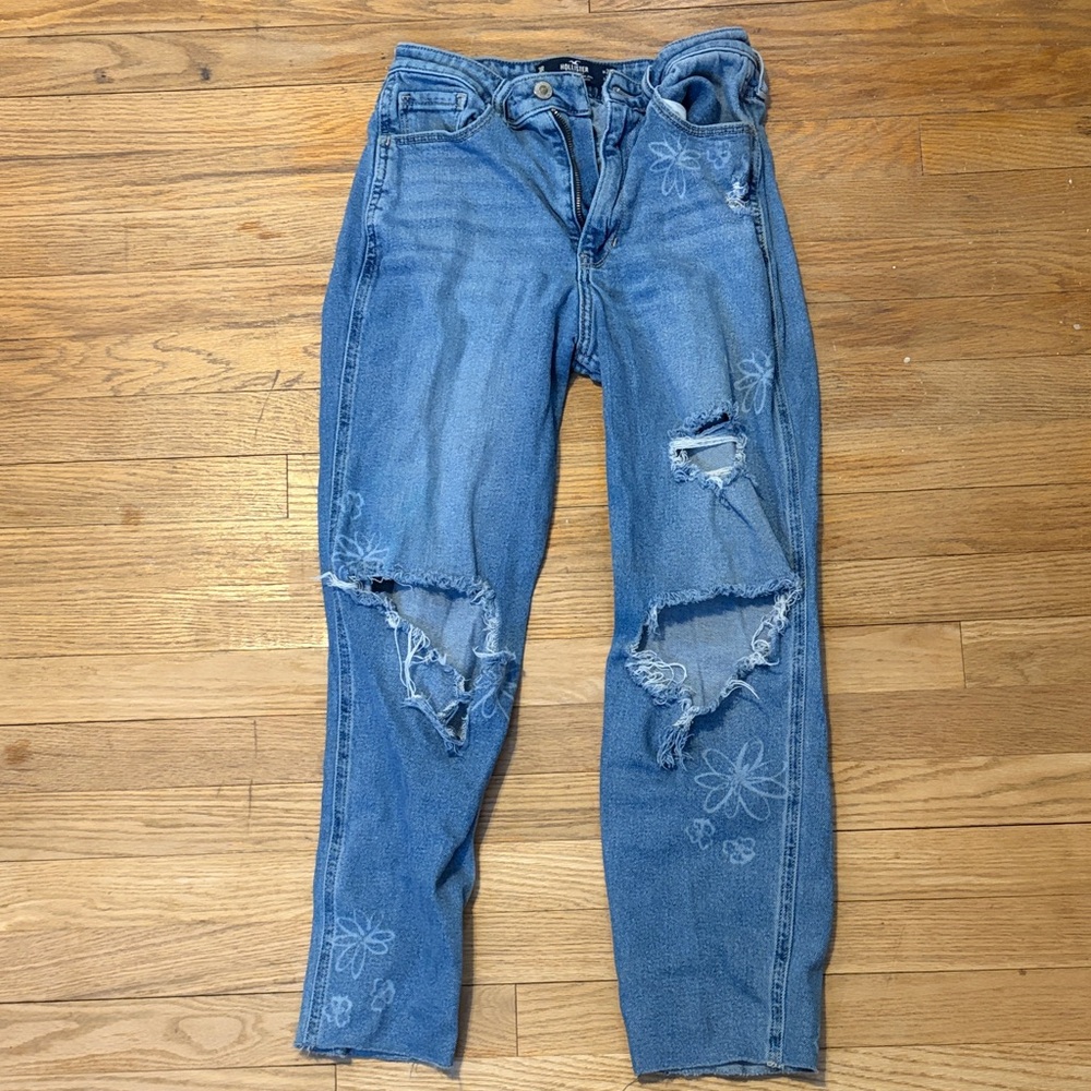 Hollister Blue Boyfriend Jeans with Floral Design